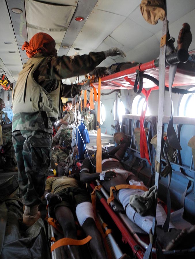 UNSOA Medical Evacuation of AMISOM soldiers, Feb/Mar 2011. AMISOM patients were usually evacuated to Nairobi as it had the most ICU beds. Those with serious head or eye issues were sent onward to South Africa. During the heaviest fighting the U.S. and France sent medical aircraft directly into Mogadishu to evacuate patients to Djibouti and Kampala.