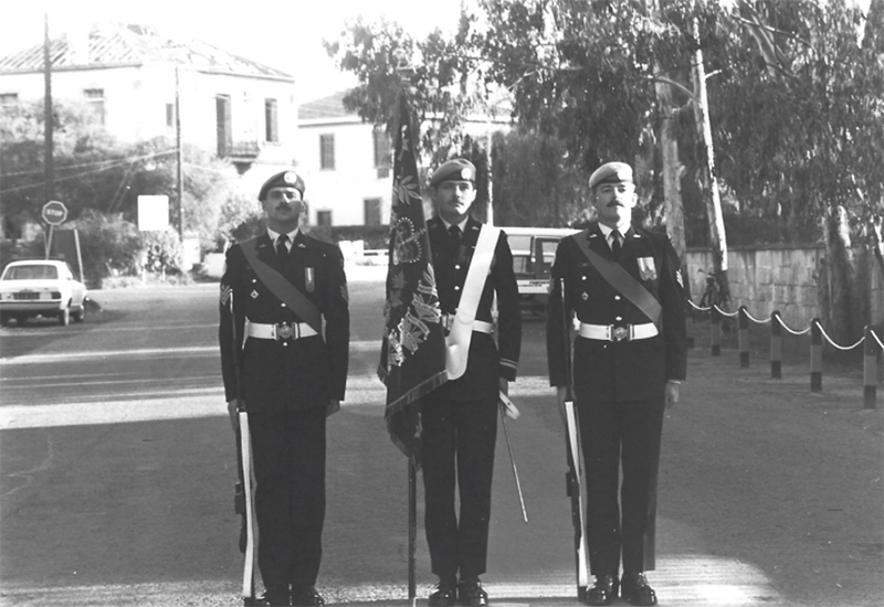 Sergeant Terrence Hurley (right) as a member of the Regimental Colour Guard, Nicosia, Cyprus, 1978. Sergeant Danny Dupuis is on the left, and Lieutenant Don Haisell bears the Colour in the centre.