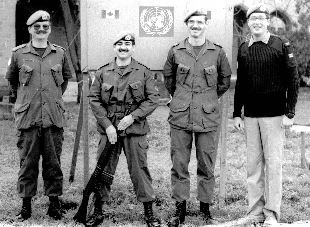 Ops B Information Section (Canadian Airborne Regiment Intelligence Section), Cyprus, 1986–87. WO Dean J. Dunlop, MCpl Chuck J. Spillane, Capt Harold Skaarup, and MCpl Rick G. Oliver, Camp HQ on the grounds of the former Ledra Palace Hotel, Nicosia.